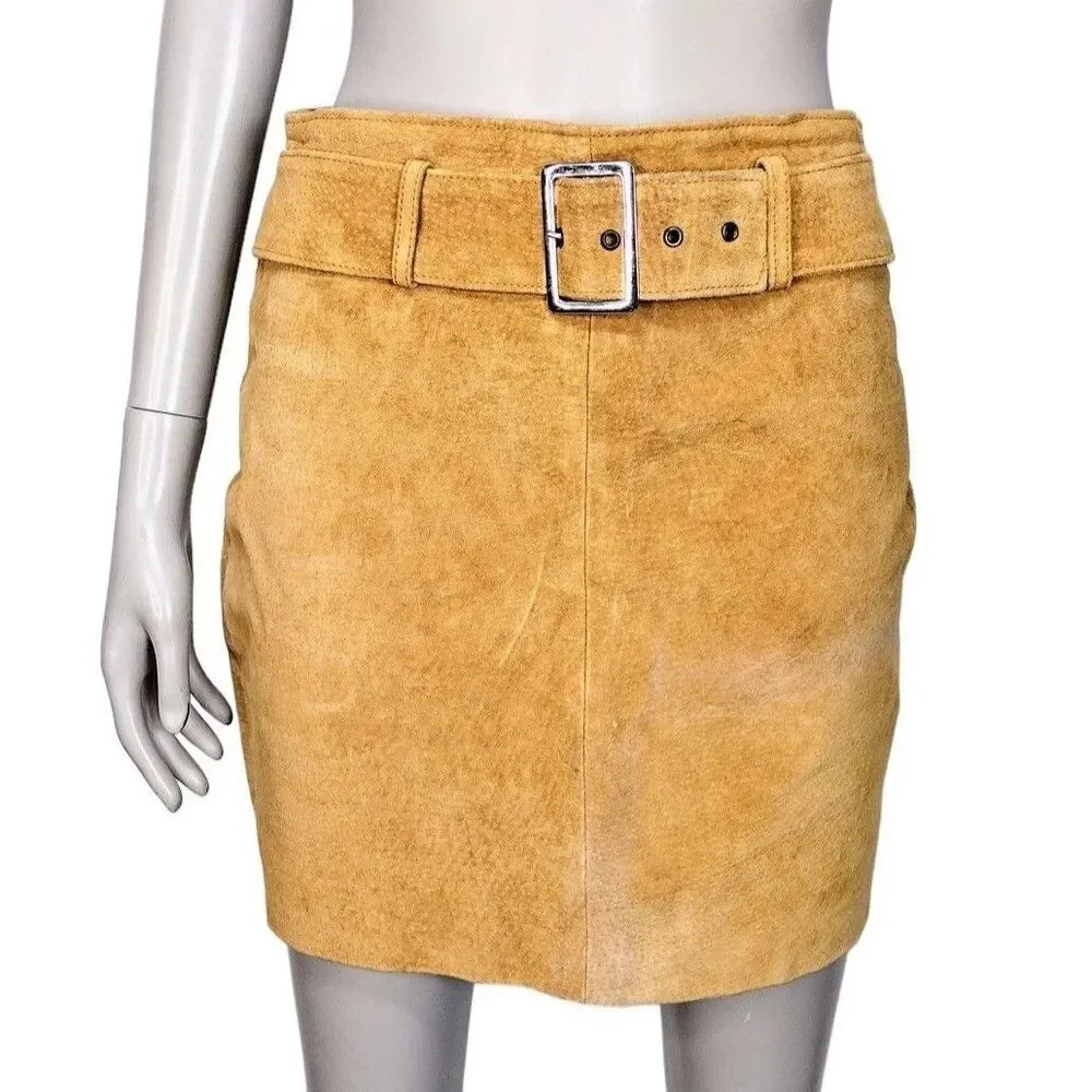 Vintage 80s Gold Suede Leather Belted Short Mini Pencil Skirt Size S/M